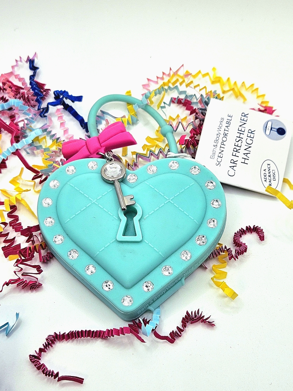 Bath & Body Works Turquoise Heart Keyhole Car Freshener with Pink Bow